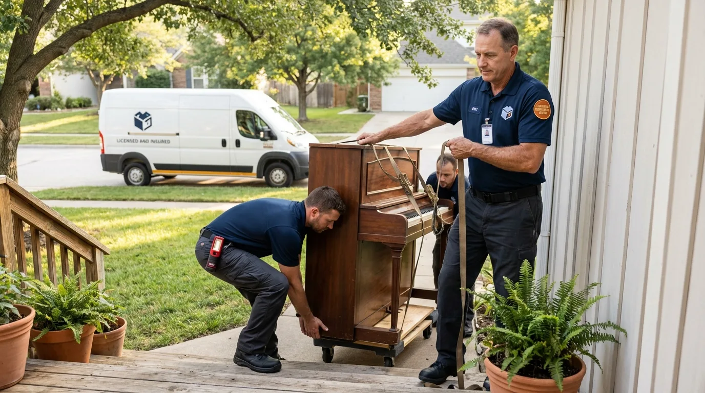 Licensed piano movers securing grand piano in Bemidji, MN