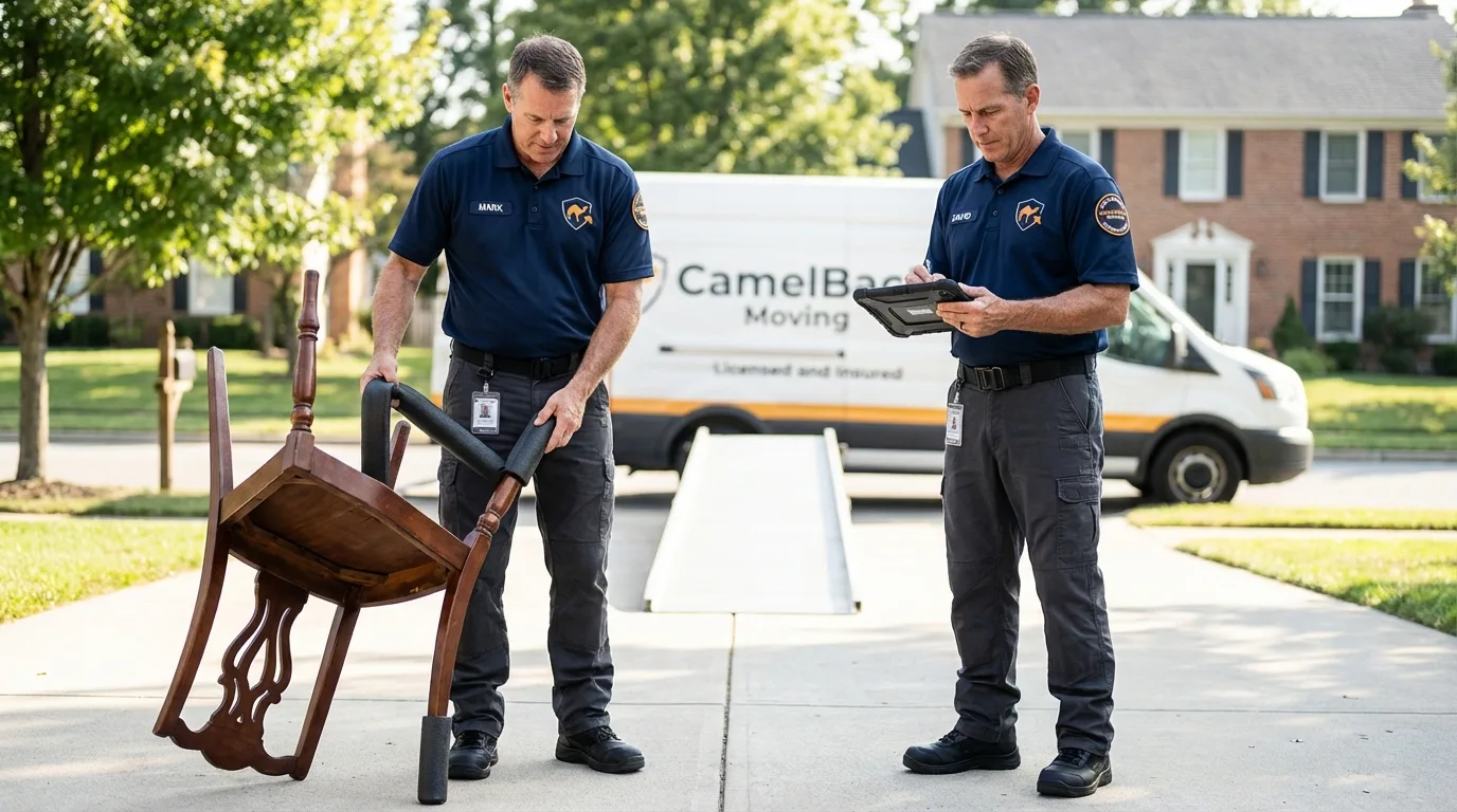 Movers inspecting furniture for damage prevention before loading in Bemidji, MN